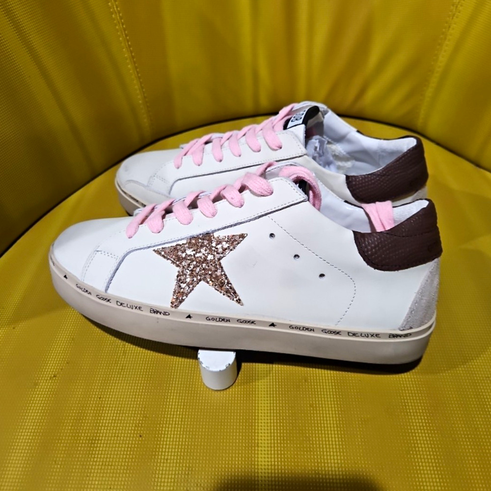 Golden Goose Superstar White Low Top Sneaker Pink Laces Glitter Star